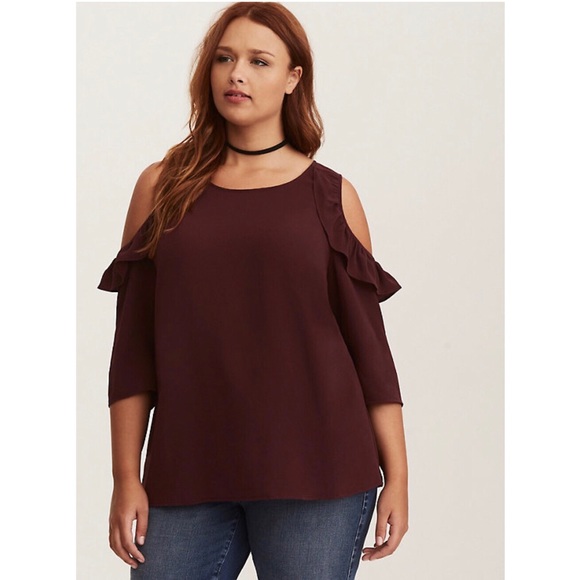 torrid Tops - Torrid Ruffled Cold Shoulder Blouse Maroon Size 2